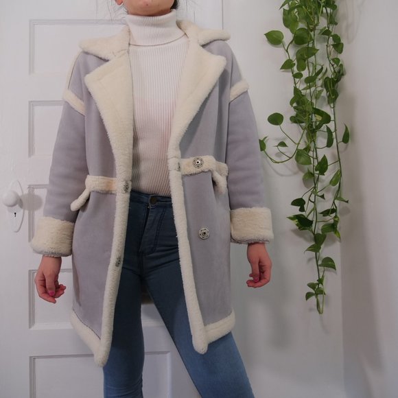Colorblock pastel blue faux fur coat. Size: US S/XS Very soft and warm - Picture 1 of 14